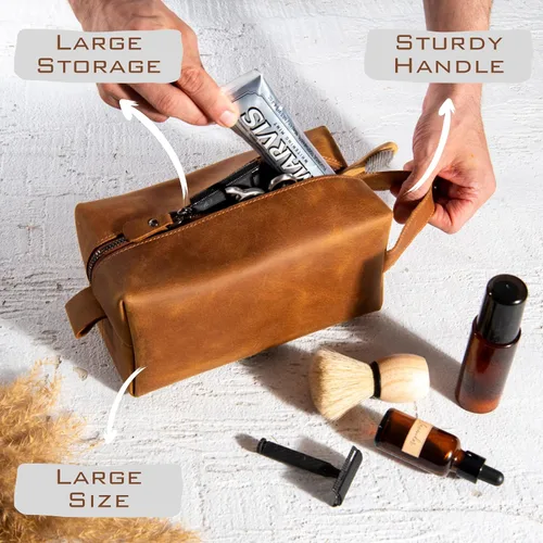 Vista 6 de Neceser de cuero personalizado para hombres – Kit Dopp de afeitado grabado personalizado con nombre o inicial, regalo de viaje para padrinos