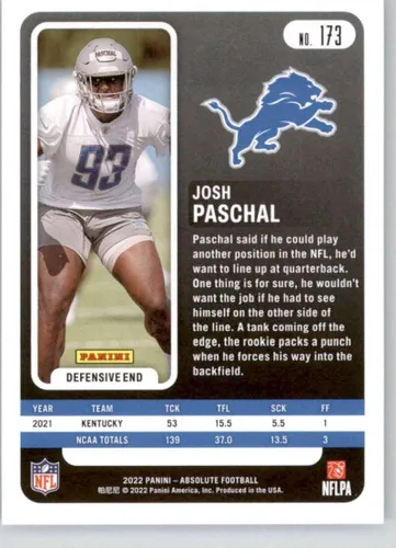 Vista 2 de 2022 Panini Absolute Retail #173 Josh Paschal RC Rookie Card Detroit Lions Official NFL Football Card in Raw (NM or Better) Condition