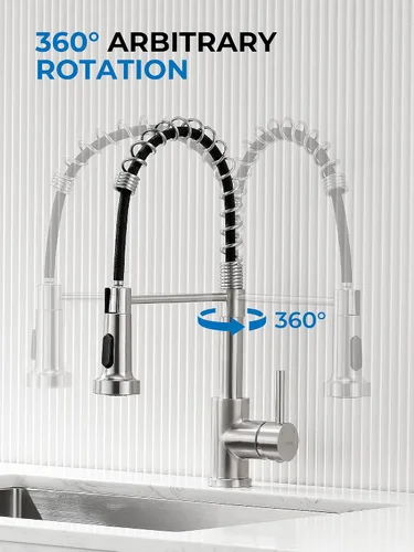 Vista 6 de WEWE Grifo de fregadero de cocina, grifos de cocina con rociador desplegable de acero inoxidable de una sola manija un solo agujero níquel cepillado