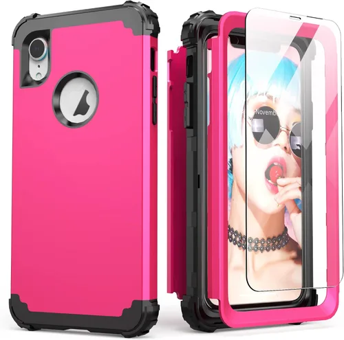 Vista 13 de IDweel Funda para iPhone XR, funda para iPhone XR con protector de pantalla de vidrio templado, 3 en 1, a prueba de golpes, delgada, híbrida, Negro