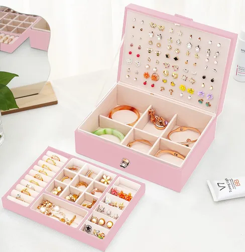 Vista 4 de QBestry Organizador de aretes de tuerca para niñas caja de joyería rosa para aretes collar organizador de joyas caja de aretes para mujer soporte