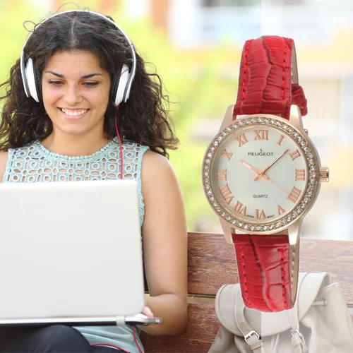 Vista 2 de Peugeot Reloj de vestir de piel con números romanos de metal para mujer
