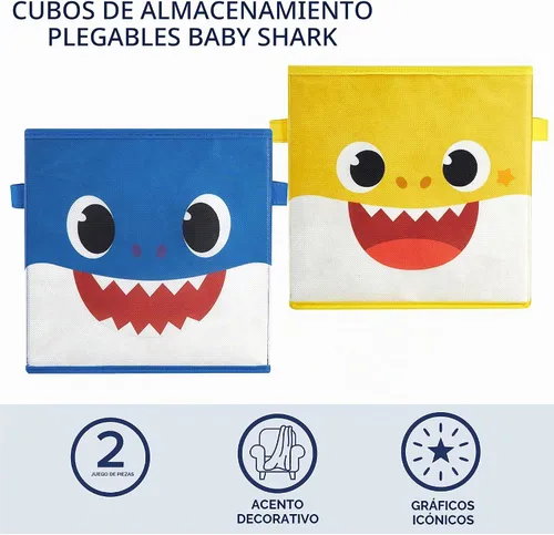 Vista 2 de Idea Nuova Baby Shark - Cubitos de almacenamiento plegables, juego de 2, 10 x 10 pulgadas, color azul y amarillo Baby Shark azul/amarillo