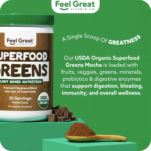 Vista 7 de USDA Organic Super Greens - Mezcla de jugo y polvo - Sabor a chocolate moca - Probióticos y enzimas digestivas para apoyar la salud intestinal