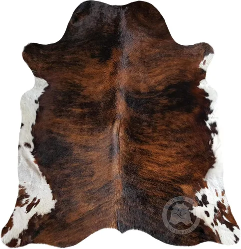 Vista 8 de Sunshine Cowhides Alfombra de piel de vaca tricolor 100% auténtica, alfombra de estilo moderno de piel de animal y alfombra para sala de estar