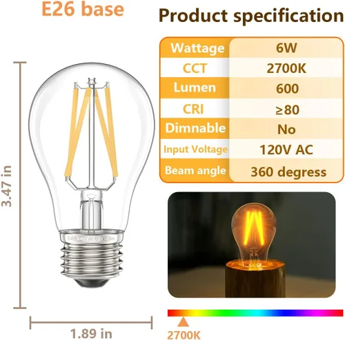 Vista 3 de Bombilla LED E26, bombilla LED A15 regulable de 6 W = 60 W, blanco cálido de 2700 K, bombilla LED Edison E26 de base media para ventilador de techo