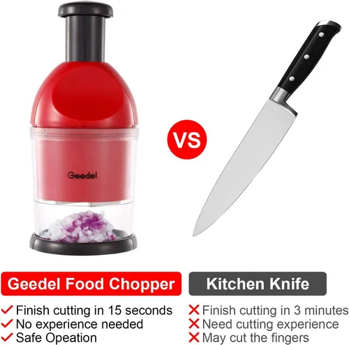 Vista 5 de Geedel - Picador de alimentos, manual fácil de limpiar, picador de verduras de mano, apto para lavavajillas, picador de cebolla para verduras, Rojo
