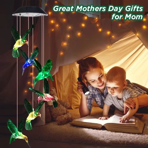 Vista 4 de Regalos para mujeres, campanillas de viento solares de colibrí (7 colores cambiantes), regalos de colibrí para mamá/abuela/esposa/padres/amigos