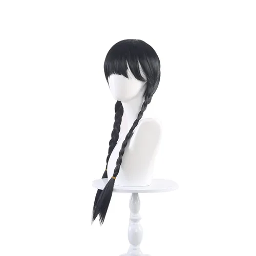 Vista 6 de Peluca larga negra trenzada para Wednesday Addams, Wednesday Addams, disfraz de Addams, trenzas de pelo para niños, niñas, Halloween, fiesta