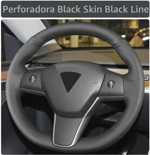 Vista 4 de Funda para volante cosida a mano, apta para Tesla Model 3 2017-2023/Modelo Y 2020-2023, funda antideslizante de cuero de microfibra transpirable
