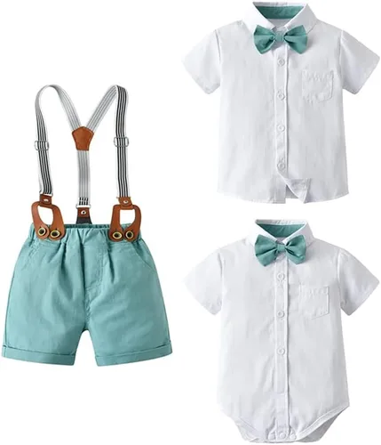 Vista 2 de Conjunto de traje de caballero de manga corta para bebé niño con corbatín + pantalones cortos con tirantes y pantalones cortos para bautizo festivo