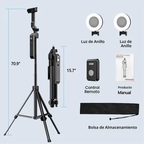 Vista 7 de Trípode de seguimiento facial automático de 70.9 pulgadas, rotación de 360° con luces, sensor de movimiento, trípode para teléfono, palo para selfie