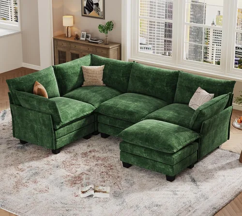 Vista 21 de KKL Sofá Cama Seccional Modular, Sofá Cama Convertible Seccional en Forma de L de 4 Plazas con Otomana, Sofá Nube de Chenilla Seccional para Sala