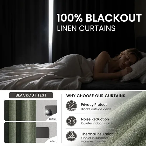 Vista 2 de Cortinas opacas de lino de 96 pulgadas para dormitorio, 2 paneles, verde Verde Olivegreen