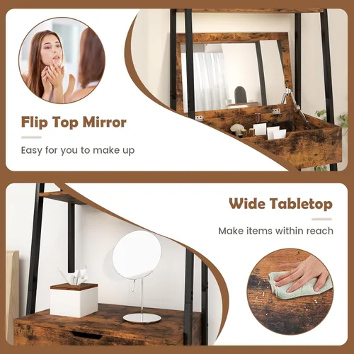 Vista 4 de CHARMAID Juego de escritorio de tocador de escalera – Mesa de tocador de maquillaje con espejo abatible, taburete acolchado, 4 compartimentos