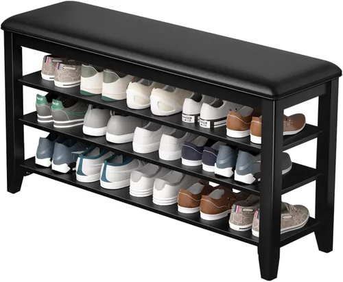 Vista 13 de Banco de almacenamiento de zapatos de entrada con cojín de cuero, banco organizador de zapatos para entrada, ideal para pasillos, puertas