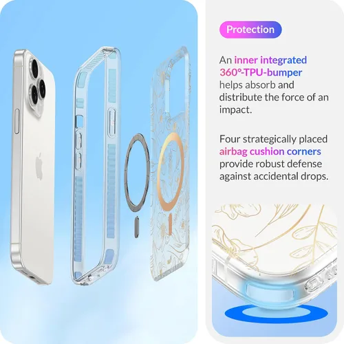 Vista 7 de LONLI Hue - para iPhone 15 Pro Max [Compatible con Magsafe] - Funda de teléfono floral dorada - [Amortiguador de 360°] - Funda de teléfono linda