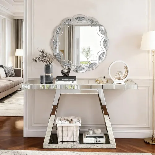 Vista 27 de SSLine Mesa de consola negra con espejo para sala de estar, mesa de entrada moderna de espejo de 43 pulgadas con base de cristal en forma de O