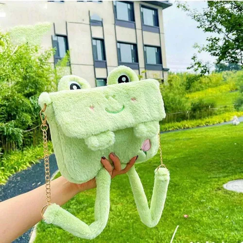 Vista 7 de Bolso cruzado de animal de felpa, lindo bolso de felpa Lolita, divertido regalo de cumpleaños para mujeres y niñas, Verde