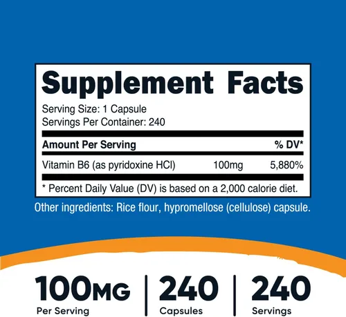 Vista 2 de Nutricost Vitamina B6 (Piridoxina HCl) 100 mg, 240 Cápsulas (2 Botellas)