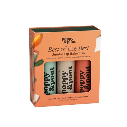 Vista 2 de Paquete de 3 unidades + caja de regalo, bálsamo labial Poppy & Pout 100% natural, tubo de cartón, rellenado a mano, cera de abejas, vitamina E