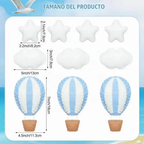 Vista 2 de Poen - 10 globos aerostáticos de fieltro para decoración de pared, nubes de estrellas para guardería, color azul Kids Room Wall Decorations