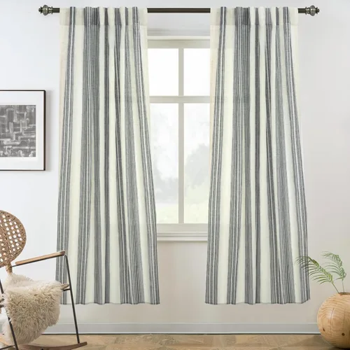 Vista 9 de DriftAway Cortinas de estilo granja con rayas verticales de lino mezclado texturizado con filtro de luz semitransparente para sala de estar