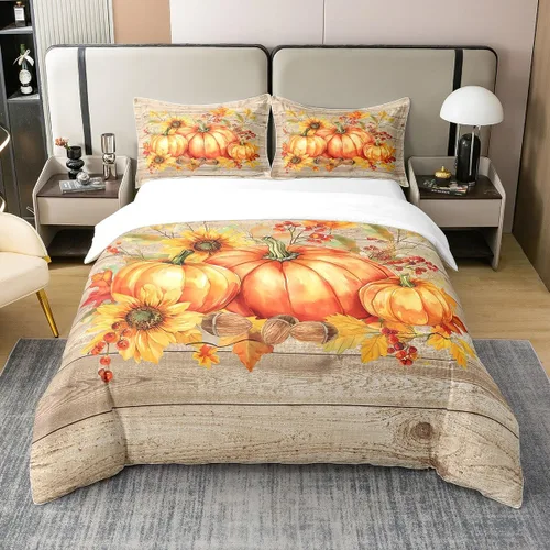 Vista 12 de Juego de funda de edredón de calabaza de otoño 100 % algodón, juego de ropa de cama de cosecha de Acción de Gracias para niños, niñas, adolescentes