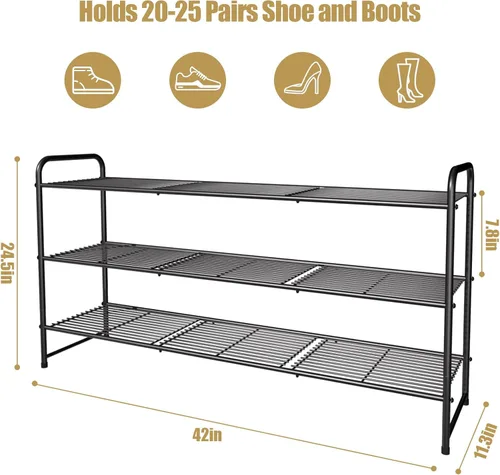 Vista 3 de Zapatero de metal largo de 3 niveles, estante organizador de zapatos apilable ajustable de gran capacidad para entrada de armario, bronce 42
