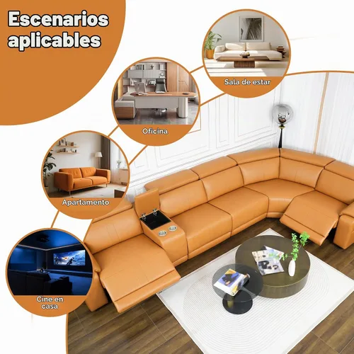 Vista 7 de Sofá reclinable eléctrico de dos plazas, sofá modular reclinable con reposacabezas ajustable y reclinable eléctrico, cuero transpirable con consola