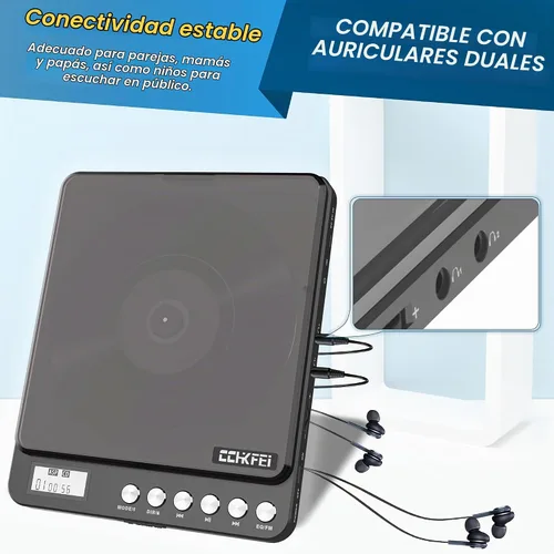 Vista 5 de Reproductor de CD portátil con Bluetooth y transmisor FM, reproductores de CD Bluetooth recargables de 2000 mAh con altavoces, conector