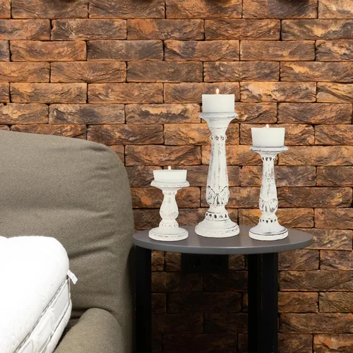 Vista 6 de Mela Artisans Pakshi - Juego de 3 portavelas de madera de mango de 6, 9 y 12 pulgadas, color blanco envejecido, portavelas de madera para mesa