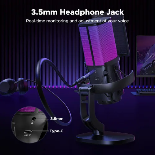 Vista 6 de UGREEN Micrófono USB para juegos para transmisión y chat de voz, micrófono de condensador de 24 bits/96 kHz con silencio rápido, monitoreo