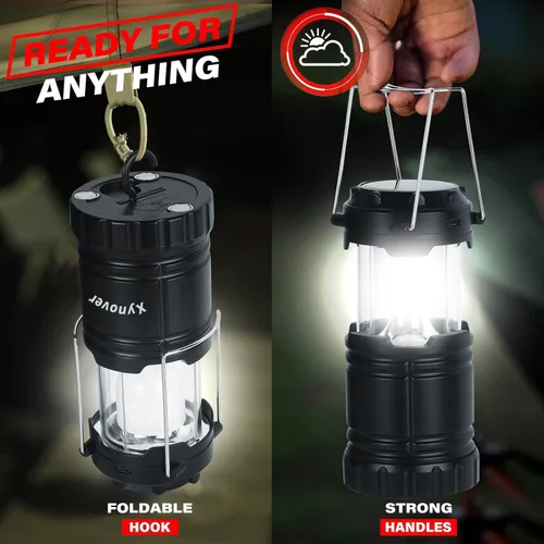 Vista 4 de Paquete de 4 faroles solares para campamento, luces LED recargables, base magnética y gancho plegable para colgar, lámpara plegable que funciona