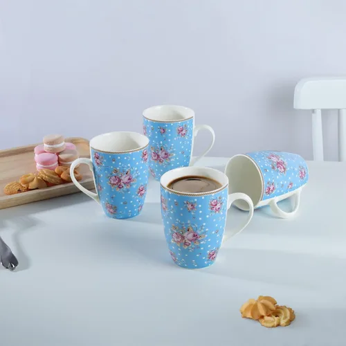Vista 6 de fanquare Juego de 4 tazas de café de 12 onzas para mujer, juego de tazas de café de porcelana floral, tazas de café grandes de cerámica azul