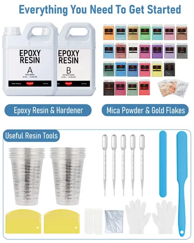 Vista 7 de Kit de resina epoxi Smallbudi de 1 galón con 24 colores de polvo de mica, lámina de oro, tazas y palo, resina transparente para principiantes