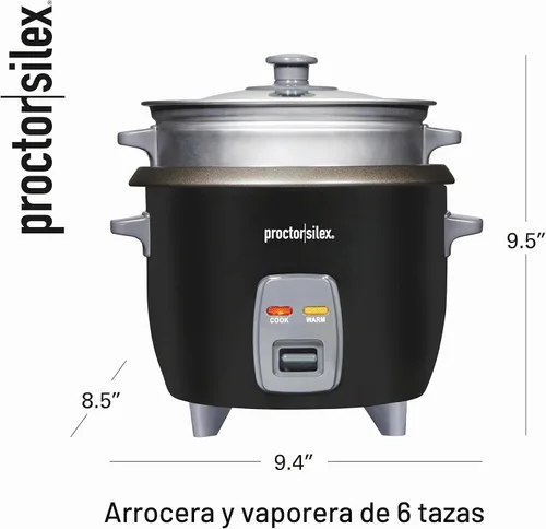 Vista 8 de Proctor Silex - Arrocera y vaporizador de alimentos, 6 tazas cocinadas (3 tazas sin cocinar), incluye cesta de vapor y enjuague, negro (37510)