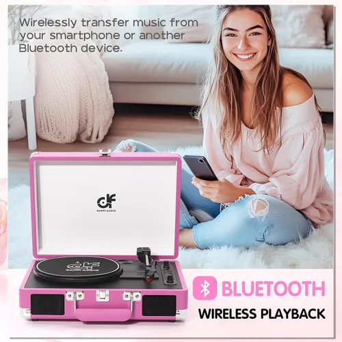 Vista 6 de Tocadiscos de vinilo Bluetooth, tocadiscos portátil vintage para maleta Rosa bebé
