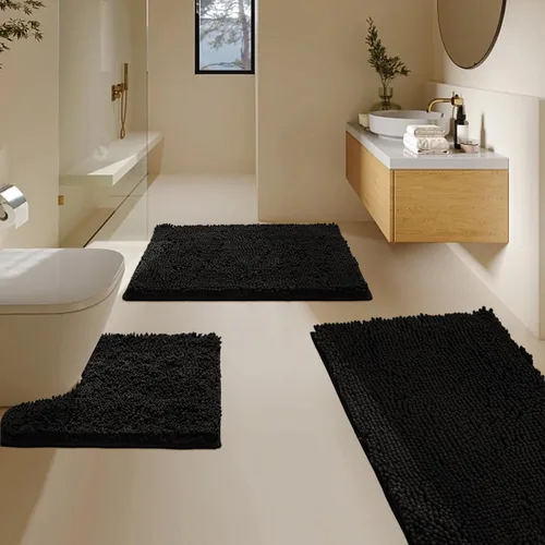 Vista 11 de Juego de 3 alfombras de baño de felpilla ultrasuave, antideslizante y súper absorbente, parte inferior de PVC fuerte, lavable a máquina, para Negro