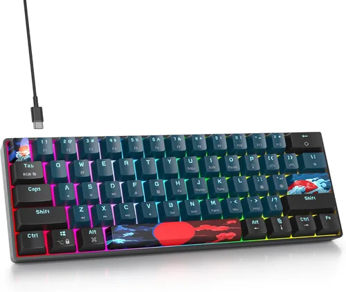 Vista 7 de Protable - Teclado mecánico para juegos al 60%, mini compacto RGB retroiluminado 61 teclas, teclado de oficina con cable con interruptor rojo