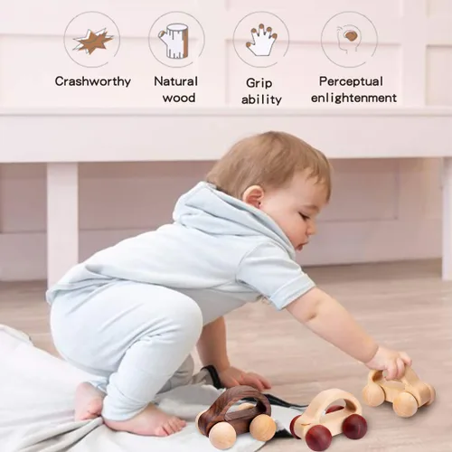 Vista 7 de Coche de empuje orgánico para bebés, juguetes de madera, 2 piezas, automóvil de madera y desarrollo de movimientos finos y juguetes Montessori
