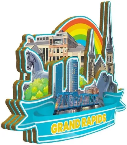 Vista 2 de Grand Rapids Michigan USA - Imán de madera para nevera, 3D, monumentos de viaje, coleccionables, recuerdos, decoración hecha a mano, 3455
