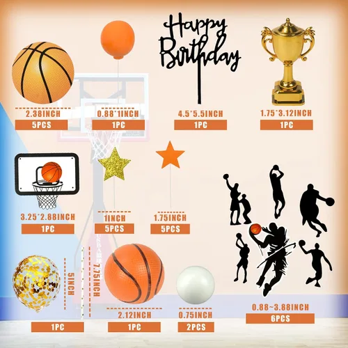 Vista 2 de 29 adornos de baloncesto para tartas de baloncesto con bolas doradas de estrella para cumpleaños de hombres