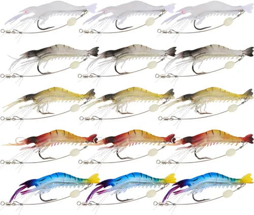 Vista 8 de Goture Soft Shrimp Lures Fishing Saltwater Luminous Shrimp Bait Set Fishing Lures with Sharp Hooks for Freshwater Saltwater Trout Bass Salmon