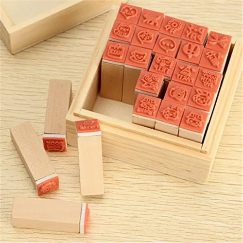 Vista 9 de Paquete de 25 sellos pequeños de goma de madera en forma de vida feliz verde con caja para tarjetas de manualidades y álbum de fotos (verde)