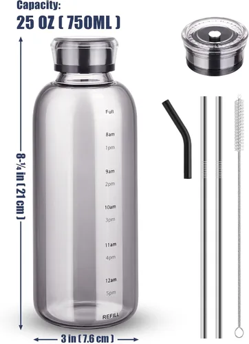 Vista 7 de NiHome Botella de agua de vidrio de 25 onzas / 25.4 fl oz con pajitas de metal, 2 tapas, gris ahumado High Borosilicate Glass Water Bottle with