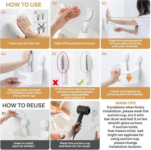 Vista 5 de LEVERLOC Paquete de 2 ventosas para ducha, organizador de ducha, estante de baño extraíble, succión de almacenamiento, potente capacidad máxima