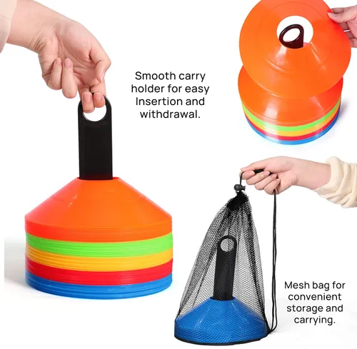 Vista 5 de brooman Paquete de 50 conos de disco de fútbol con bolsa de transporte y soporte para niños, marcadores de campo de fútbol y baloncesto