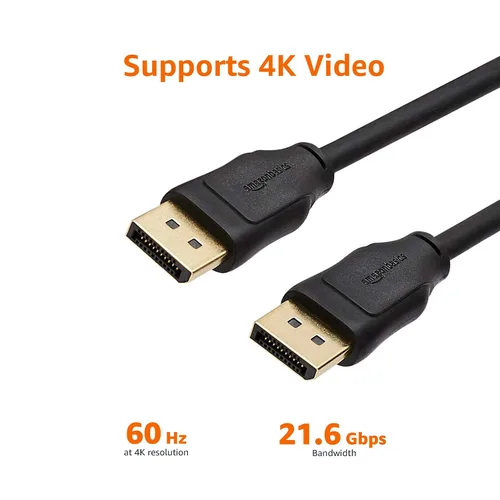 Vista 6 de Amazon Basics Cable DisplayPort 1.2, 21.6Gbps de alta velocidad, 4K @60Hz, 2K @165Hz, chapado en oro, 6 pies, negro