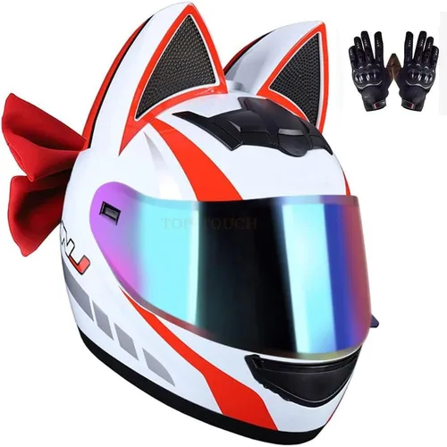 Vista 4 de Casco de motocicleta de moda con bonitas orejas de gato, elegante pajarita para mujer, casco personalizado cómodo de cara completa, transpirable 2